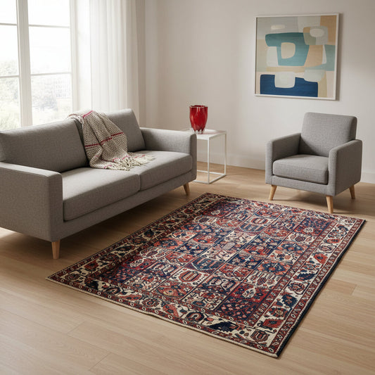 "Tappeto Bahtiyari annodato a mano con motivi geometrici e floreali in bianco, rosso, blu e marrone, 305x209 cm."
