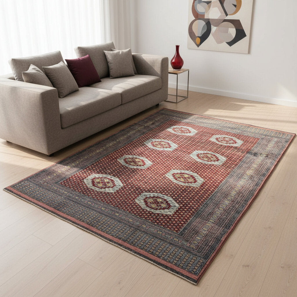 "Tappeto Bukhara pakistano rosso con motivo gul geometrico, 276x188 cm."