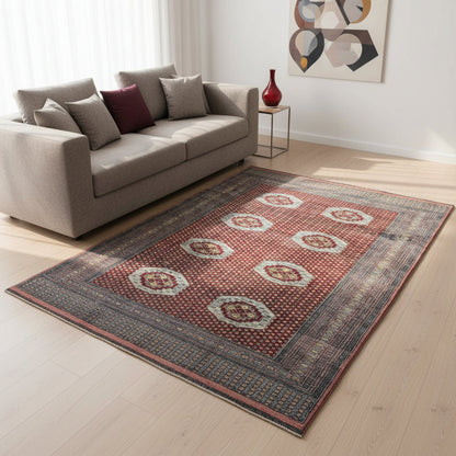 "Tappeto Bukhara pakistano rosso con motivo gul geometrico, 276x188 cm."