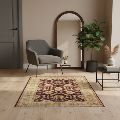 Tappeto Farahan rosso con cornice beige, annodato a mano in Afghanistan in lana e cotone con colori vegetali naturali e motivo floreale elegante.