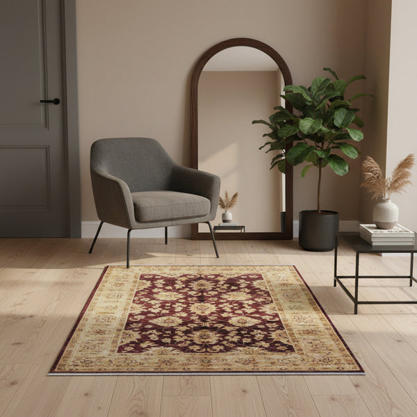 Tappeto Farahan rosso con cornice beige, annodato a mano in Afghanistan in lana e cotone con colori vegetali naturali e motivo floreale elegante.