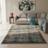 Tappeto moderno 242x180 cm Persia con fondo marrone e motivi floreali turchesi, annodato a mano in lana e cotone.