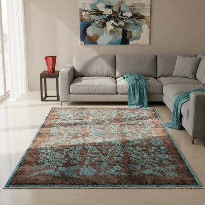 Tappeto moderno 242x180 cm Persia con fondo marrone e motivi floreali turchesi, annodato a mano in lana e cotone.