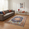 "Tappeto Heriz persiano blu e terracotta con medaglione geometrico, 290x205 cm."