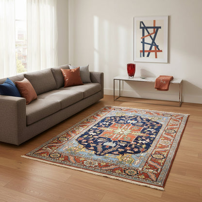 "Tappeto Heriz persiano blu e terracotta con medaglione geometrico, 290x205 cm."
