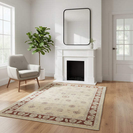 Tappeto Ziegler, annodato a mano, 233 x 172 cm, fondo beige con cornice rossa e disegno contemporaneo.