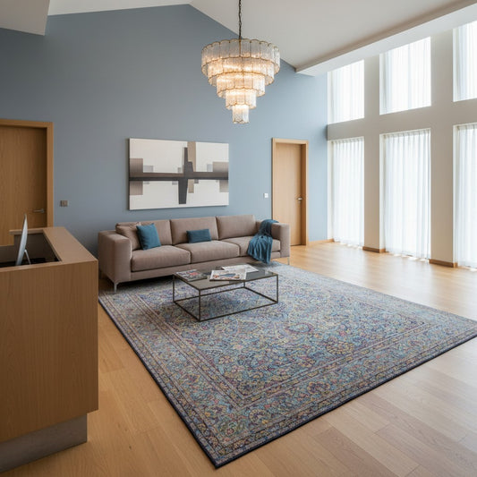 Tappeto Tabriz 486x357 cm persiano, annodato a mano in lana pregiata con colori vegetali, ricco motivo floreale su fondo azzurro e blu. Eleganza maestosa.
