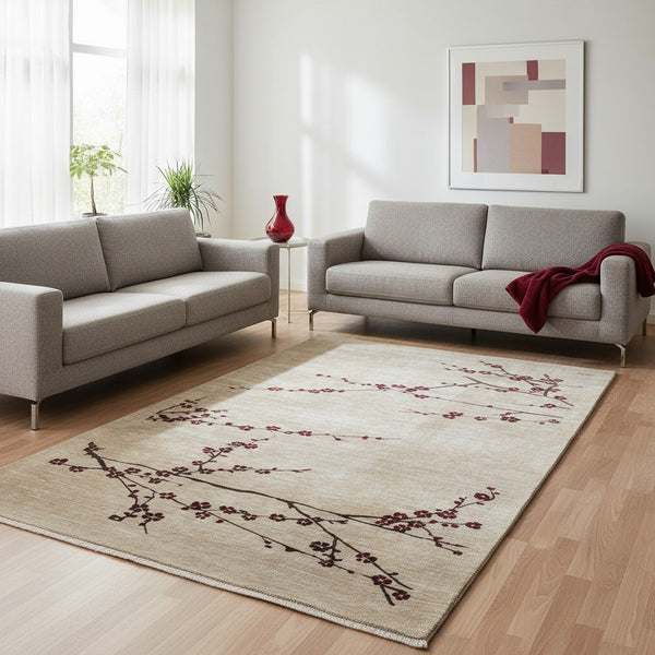 "Tappeto moderno beige con rami stilizzati e fiori rosso scuro, annodato a mano, 304x204 cm."