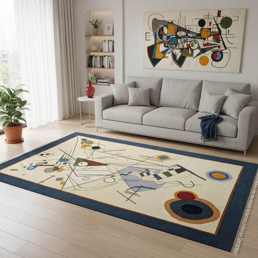 Tappeto Kilim moderno 228x204 cm con fondo chiaro e motivi astratti multicolori, tramato ed annodato a mano, provenienza Afghanistan.