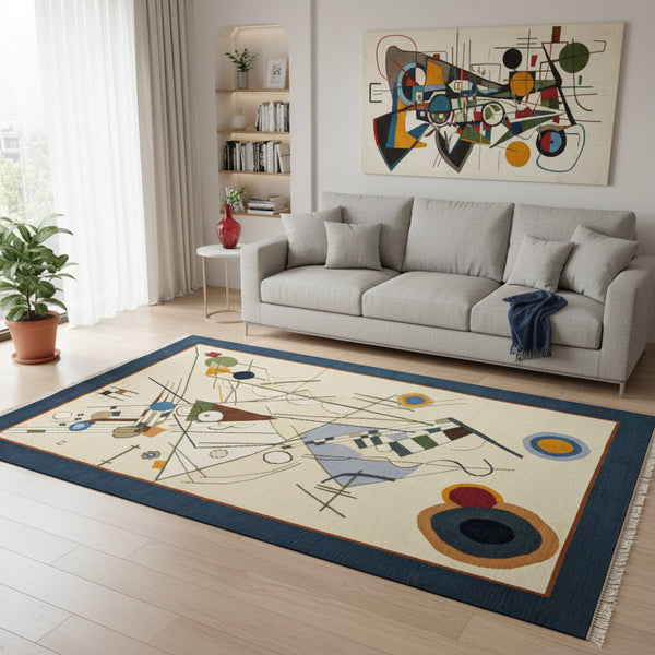 Tappeto Kilim moderno 228x204 cm con fondo chiaro e motivi astratti multicolori, tramato ed annodato a mano, provenienza Afghanistan.