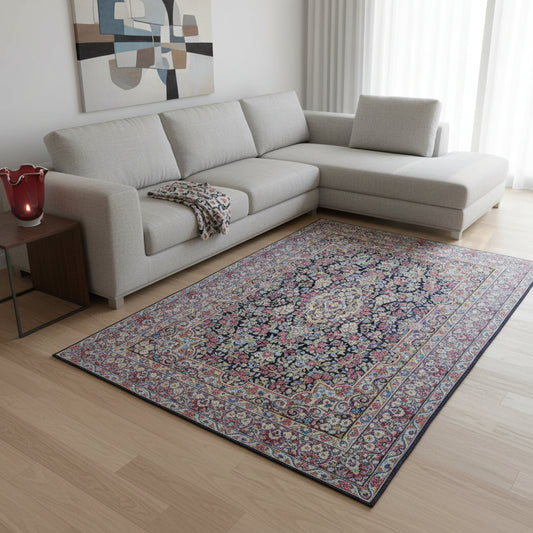 Tappeto Kerman 296x197 cm con fondo blu notte e motivi floreali rosa, avorio e verde, tramato ed annodato a mano, provenienza Kerman.