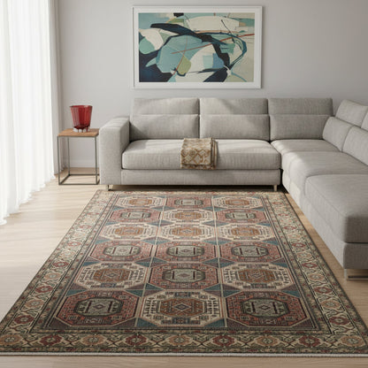Tappeto turco geometrico 295x292 cm annodato a mano, motivo a ottagoni e rombi, colori rosso mattone, beige e verde, con bordura decorata e certificato di garanzia.