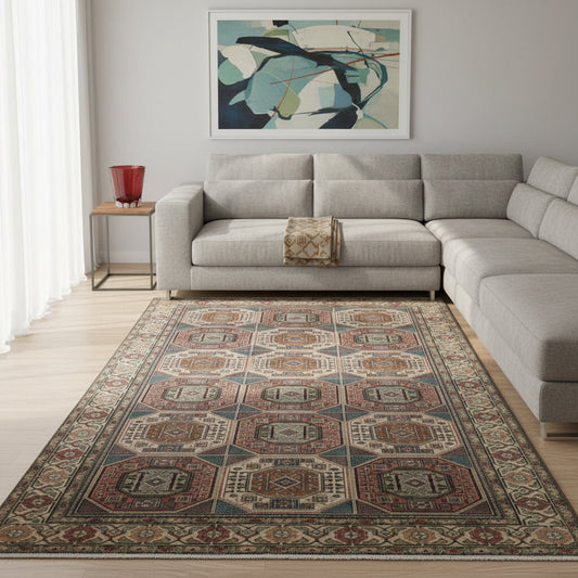 Tappeto turco geometrico 295x292 cm annodato a mano, motivo a ottagoni e rombi, colori rosso mattone, beige e verde, con bordura decorata e certificato di garanzia.