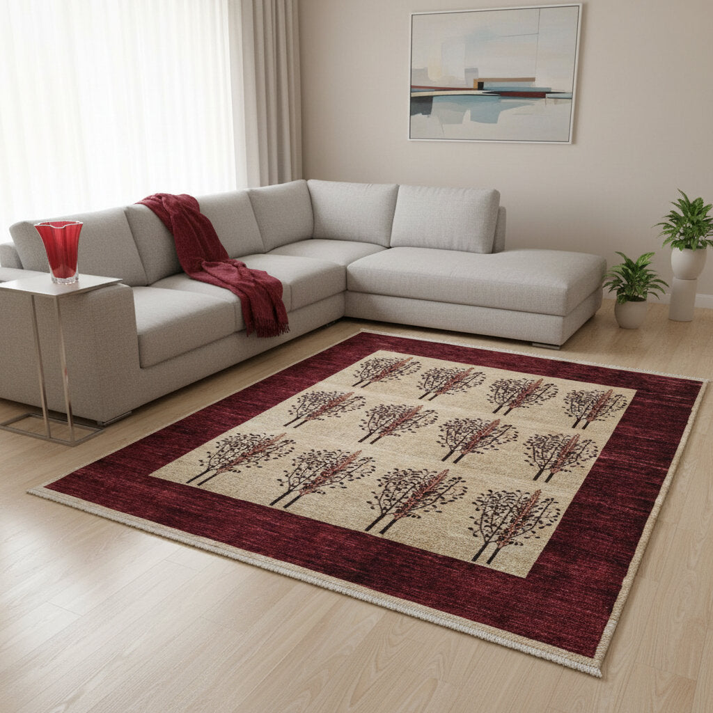 Tappeto moderno 214x145 cm Persia con fondo avorio, alberi stilizzati in sequenza e bordo bordeaux, tramato ed annodato a mano.