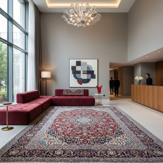 Tappeto persiano Kashan 400x300 cm, fondo rosso con medaglione centrale e cornice floreale, annodato a mano in lana vegetale.