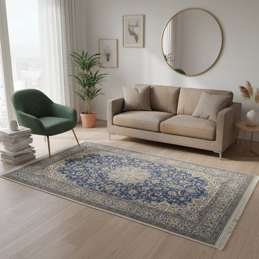 "Tappeto Nain persiano blu e avorio con medaglione centrale, 217x176 cm."