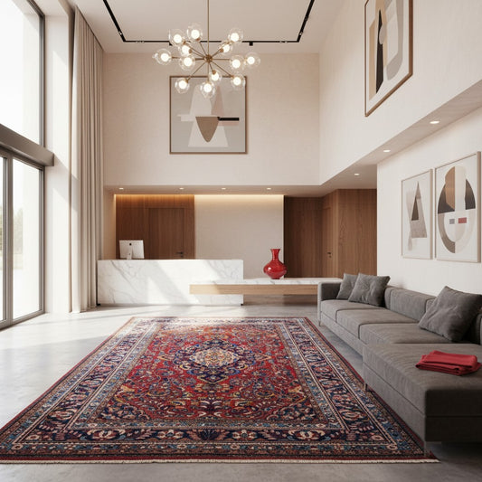 tappeto persiano Lilian annodato a mano 377x270 cm rosso con medaglione centrale e motivi floreali