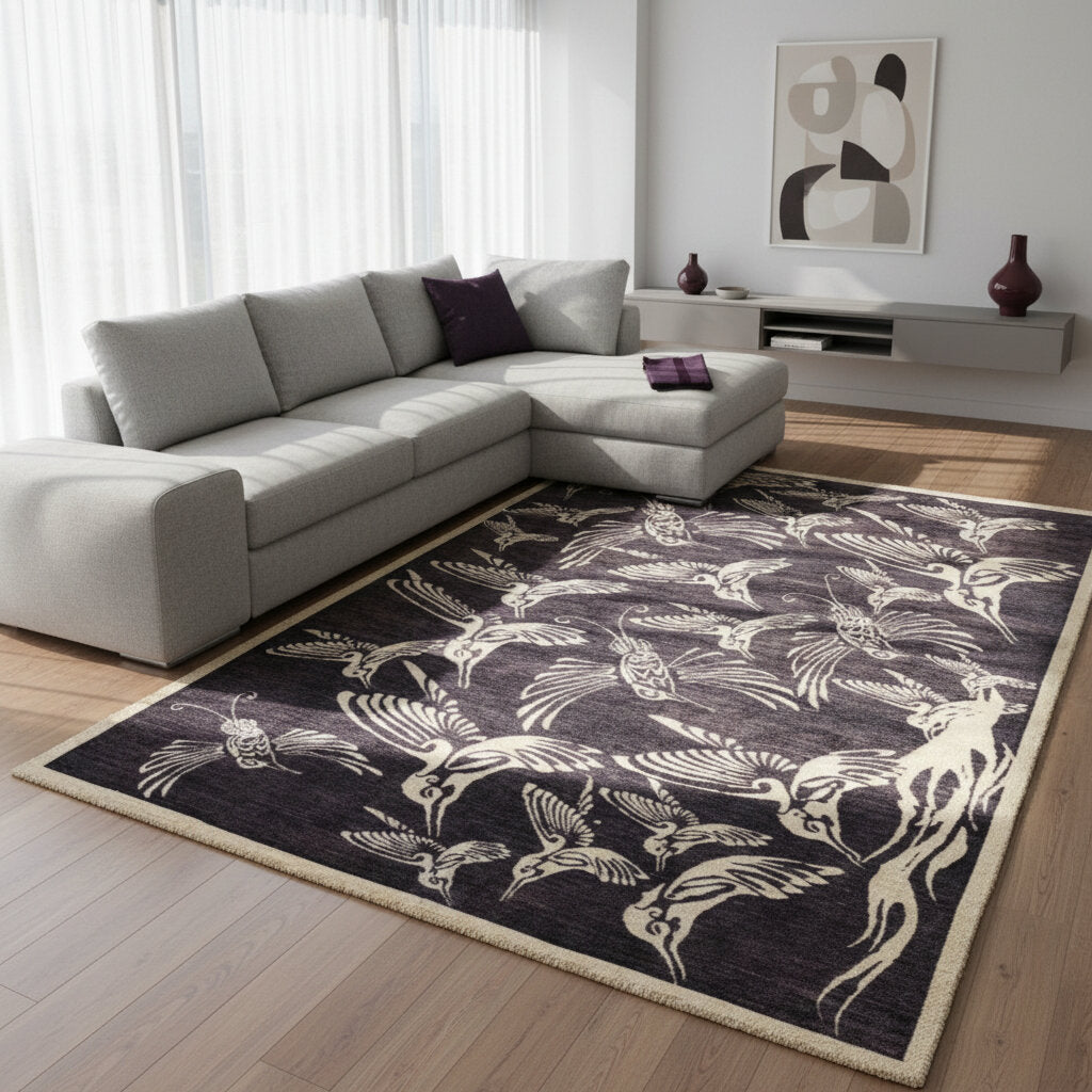 "Tappeto Moderno nero con uccelli stilizzati avorio, 281x200 cm."