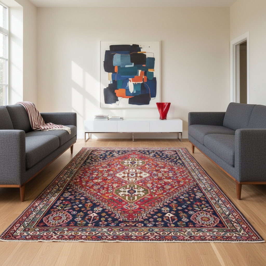 "Tappeto Ghashghai annodato a mano con motivi floreali e geometrici in blu, rosso, bianco, giallo e verde, 283x180 cm."