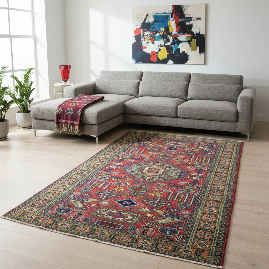 "Tappeto Ardebil persiano rosso e blu con motivi geometrici, 284x167 cm."