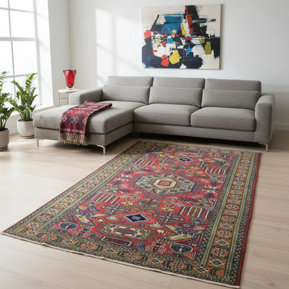 "Tappeto Ardebil persiano rosso e blu con motivi geometrici, 284x167 cm."