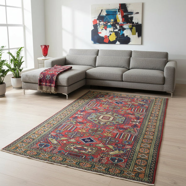 "Tappeto Ardebil persiano rosso e blu con motivi geometrici, 284x167 cm."