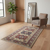 Tappeto Shirvan beige con motivi geometrici blu e rossi, annodato a mano in lana in Afghanistan con colori vegetali naturali.