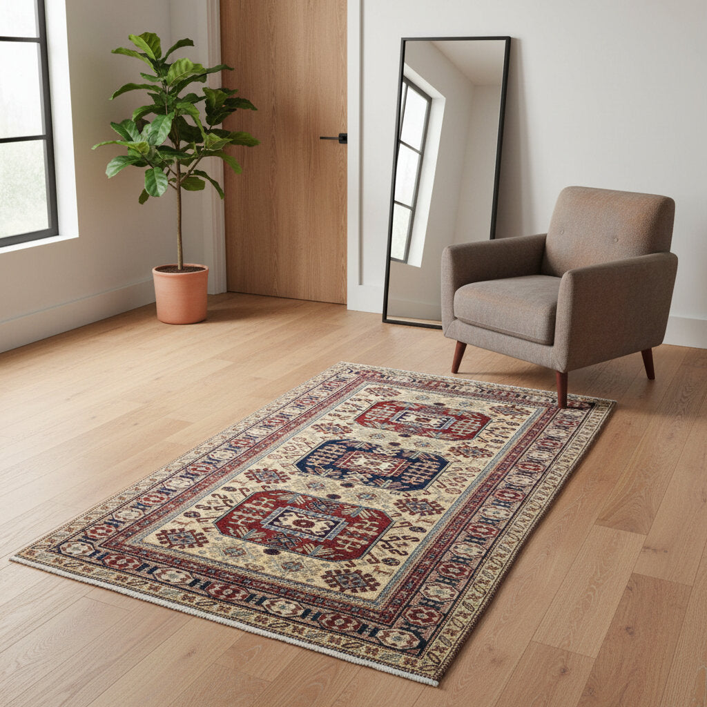 Tappeto Shirvan beige con motivi geometrici blu e rossi, annodato a mano in lana in Afghanistan con colori vegetali naturali.