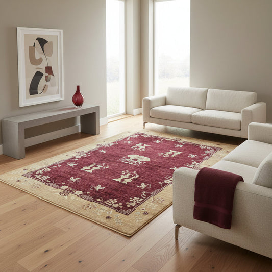 Tappeto moderno 300x200 cm Persia, fondo bordeaux con motivi simbolici in avorio e cornice beige, annodato a mano.