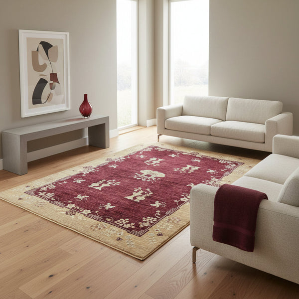 Tappeto moderno 300x200 cm Persia, fondo bordeaux con motivi simbolici in avorio e cornice beige, annodato a mano.