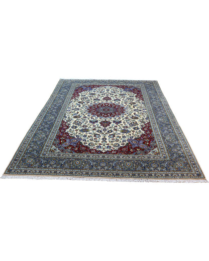 "Tappeto Kashan persiano avorio rosso e blu con medaglione centrale, 310x214 cm."