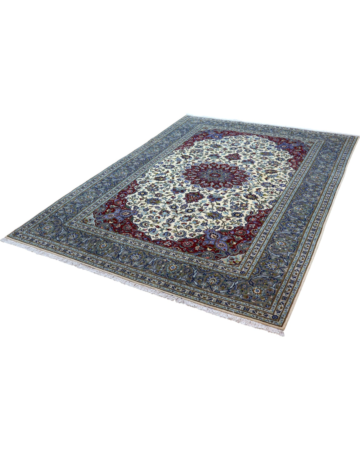 "Tappeto Kashan persiano avorio rosso e blu con medaglione centrale, 310x214 cm."