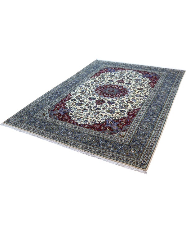 "Tappeto Kashan persiano avorio rosso e blu con medaglione centrale, 310x214 cm."