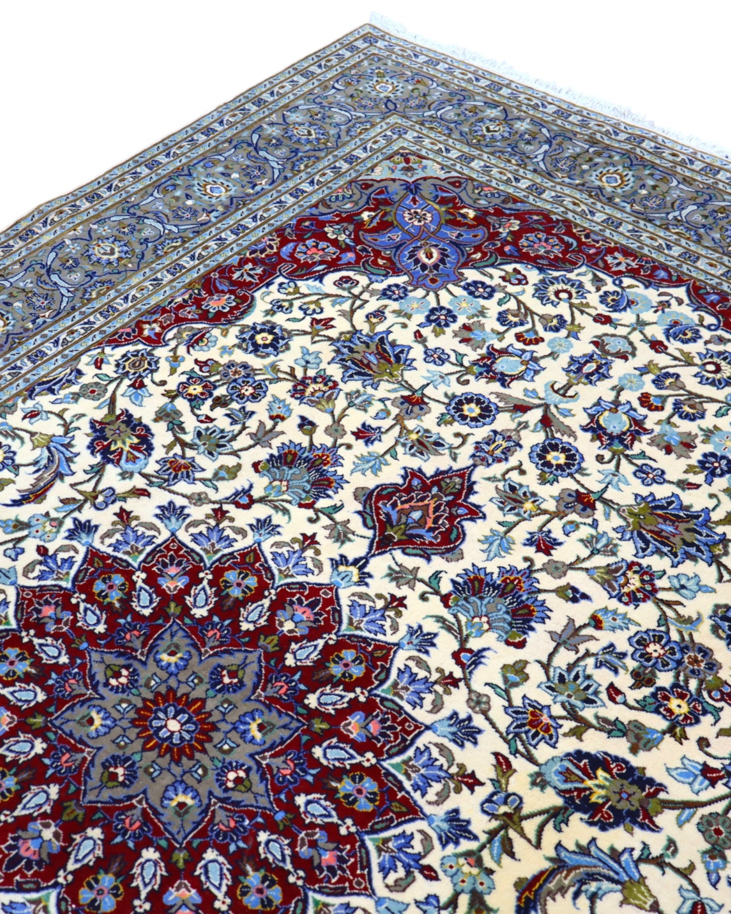 "Tappeto Kashan persiano avorio rosso e blu con medaglione centrale, 310x214 cm."