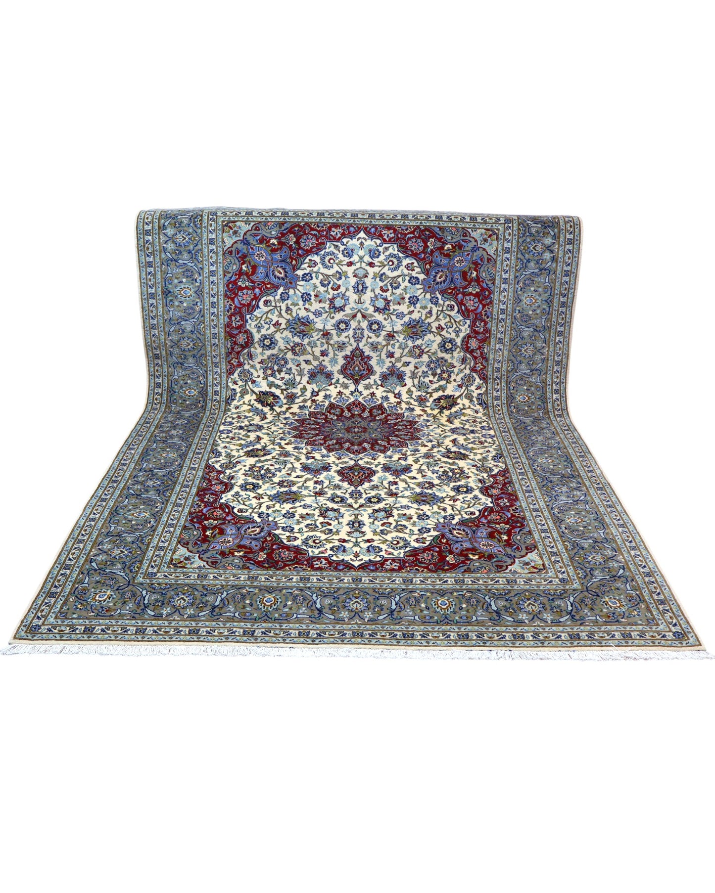 "Tappeto Kashan persiano avorio rosso e blu con medaglione centrale, 310x214 cm."