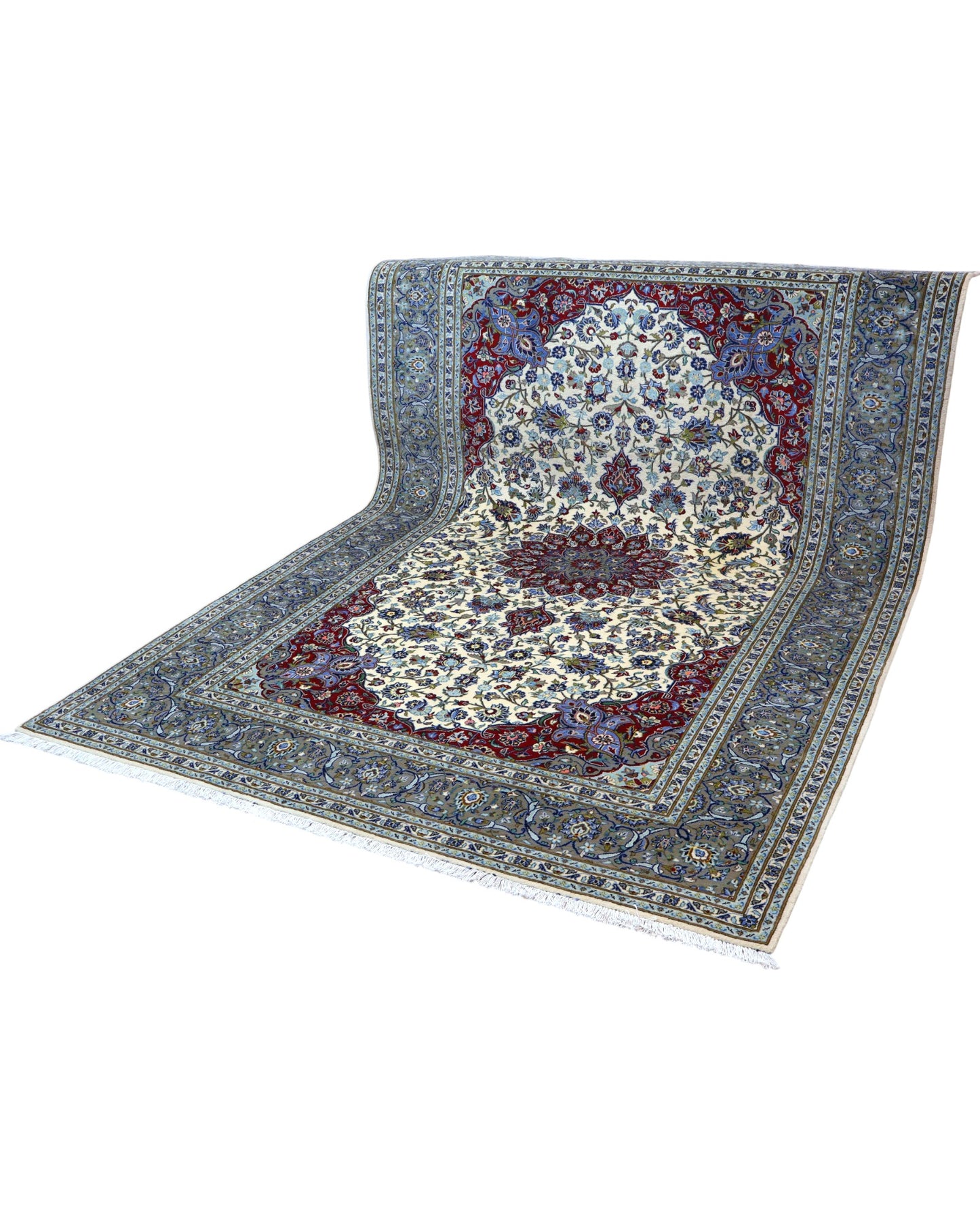 "Tappeto Kashan persiano avorio rosso e blu con medaglione centrale, 310x214 cm."