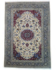 "Tappeto Kashan persiano avorio rosso e blu con medaglione centrale, 310x214 cm."