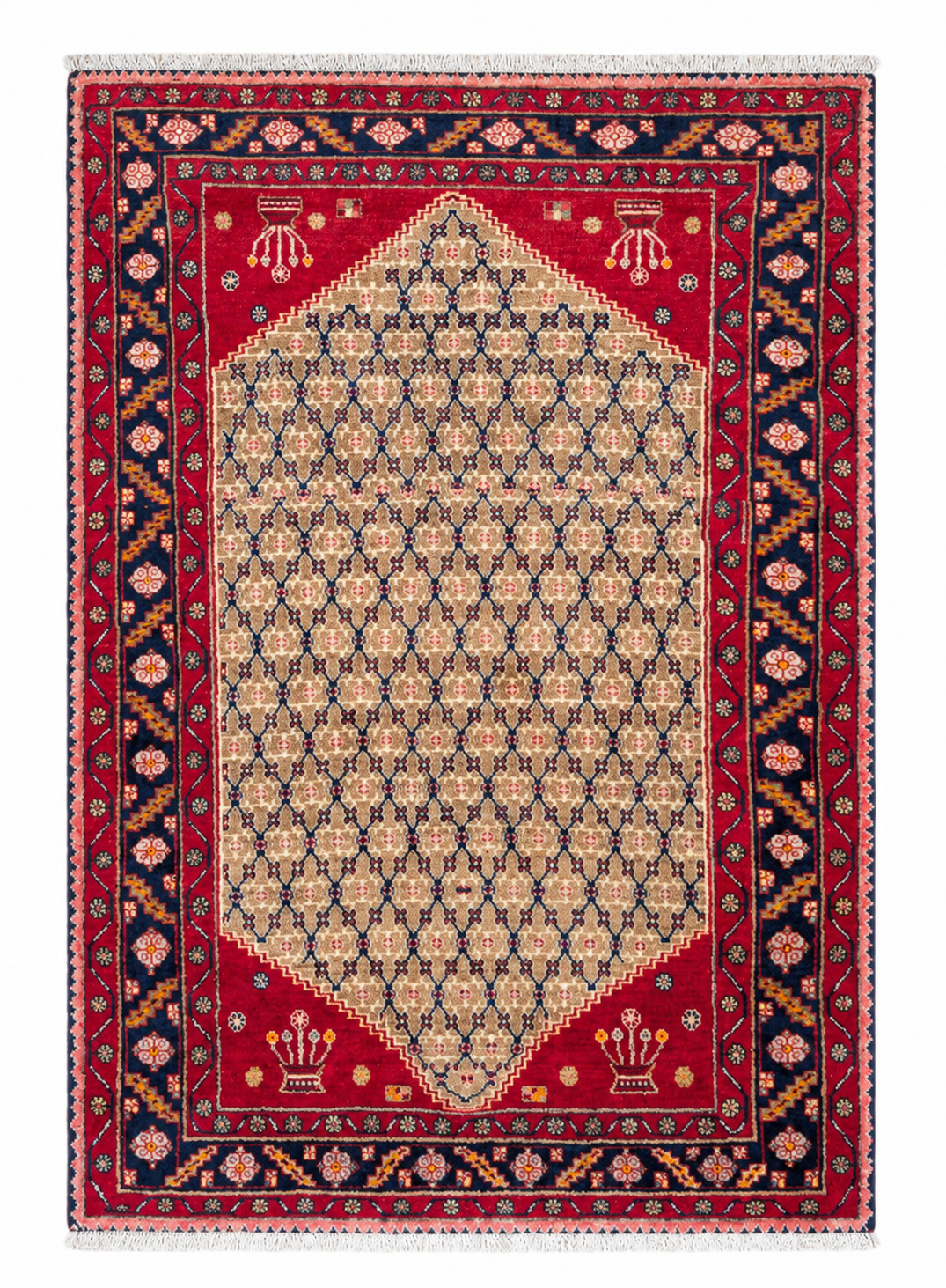 Tappeto 215x145 cm rosso beige e blu con motivo geometrico per soggiorno elegante.