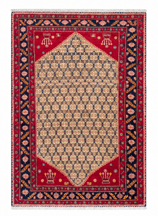 Tappeto 215x145 cm rosso beige e blu con motivo geometrico per soggiorno elegante.