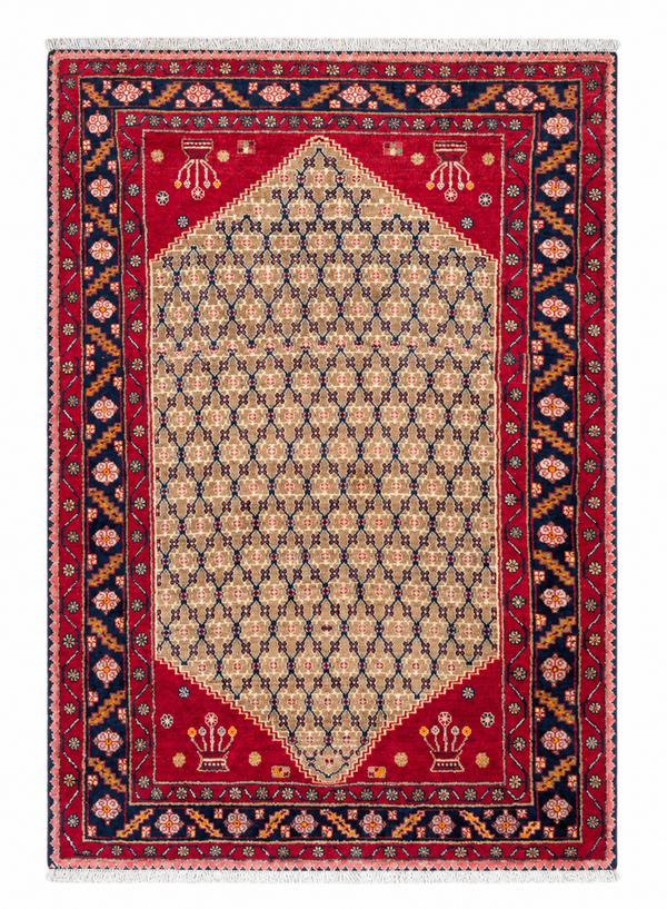 Tappeto 215x145 cm rosso beige e blu con motivo geometrico per soggiorno elegante.