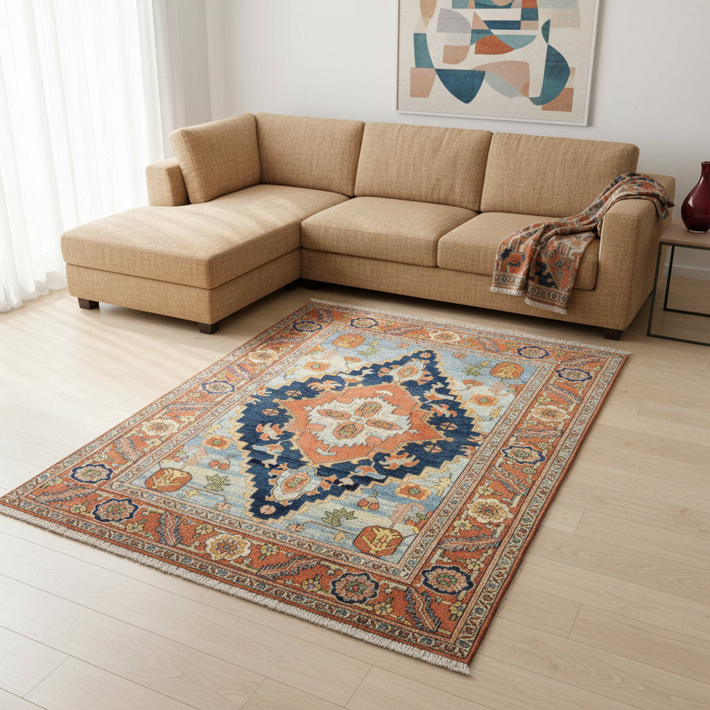 "Tappeto Heriz tradizionale con medaglione geometrico in azzurro, blu e terracotta, annodato a mano, 288x210 cm."