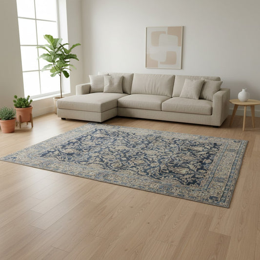 tappeto persiano Kashan annodato a mano 362x247 cm blu notte con motivo floreale a tutto campo
