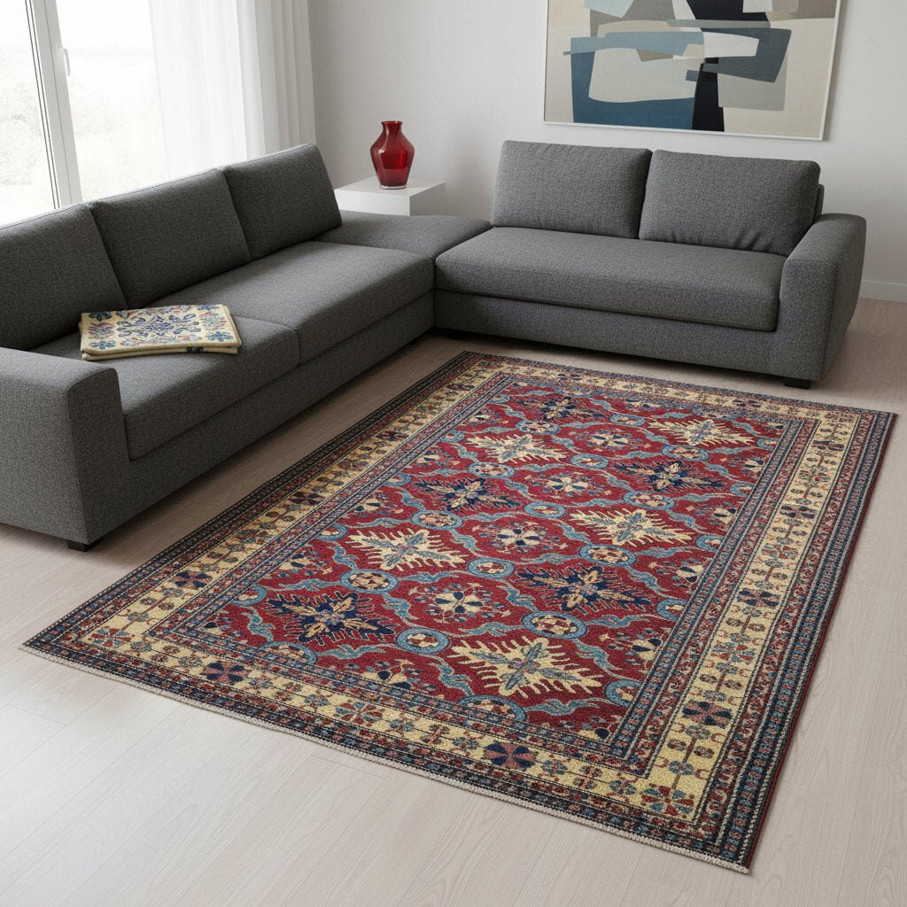 Tappeto Shirvan 289x196 cm con fondo rosso e motivi geometrici gialli, blu e avorio, tramato ed annodato a mano, provenienza Caucaso.