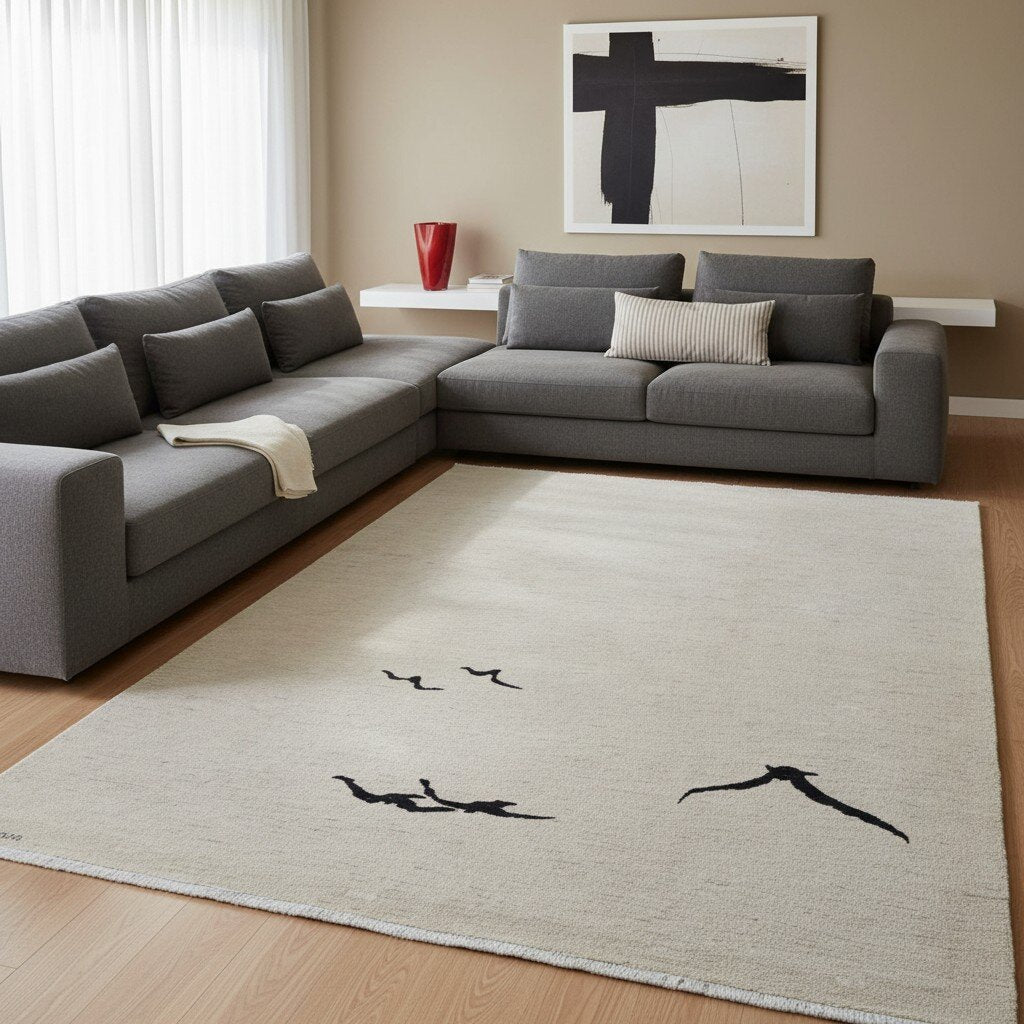Tappeto moderno “Volo Silenzioso” 305x201 cm di Darios, annodato a mano, campo beige chiaro con uccelli neri stilizzati in volo, lana tinta vegetale, pezzo unico certificato.