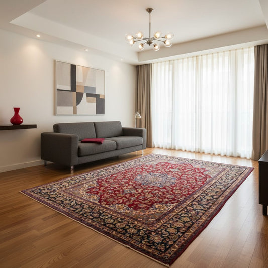 tappeto persiano Najafabad annodato a mano 400x213 cm rosso con medaglione centrale blu e motivi floreali