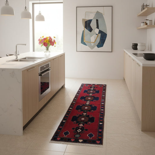 Corsia Hamedan persiana, fondo blu con disegno geometrico, annodato a mano, 284x76 cm.