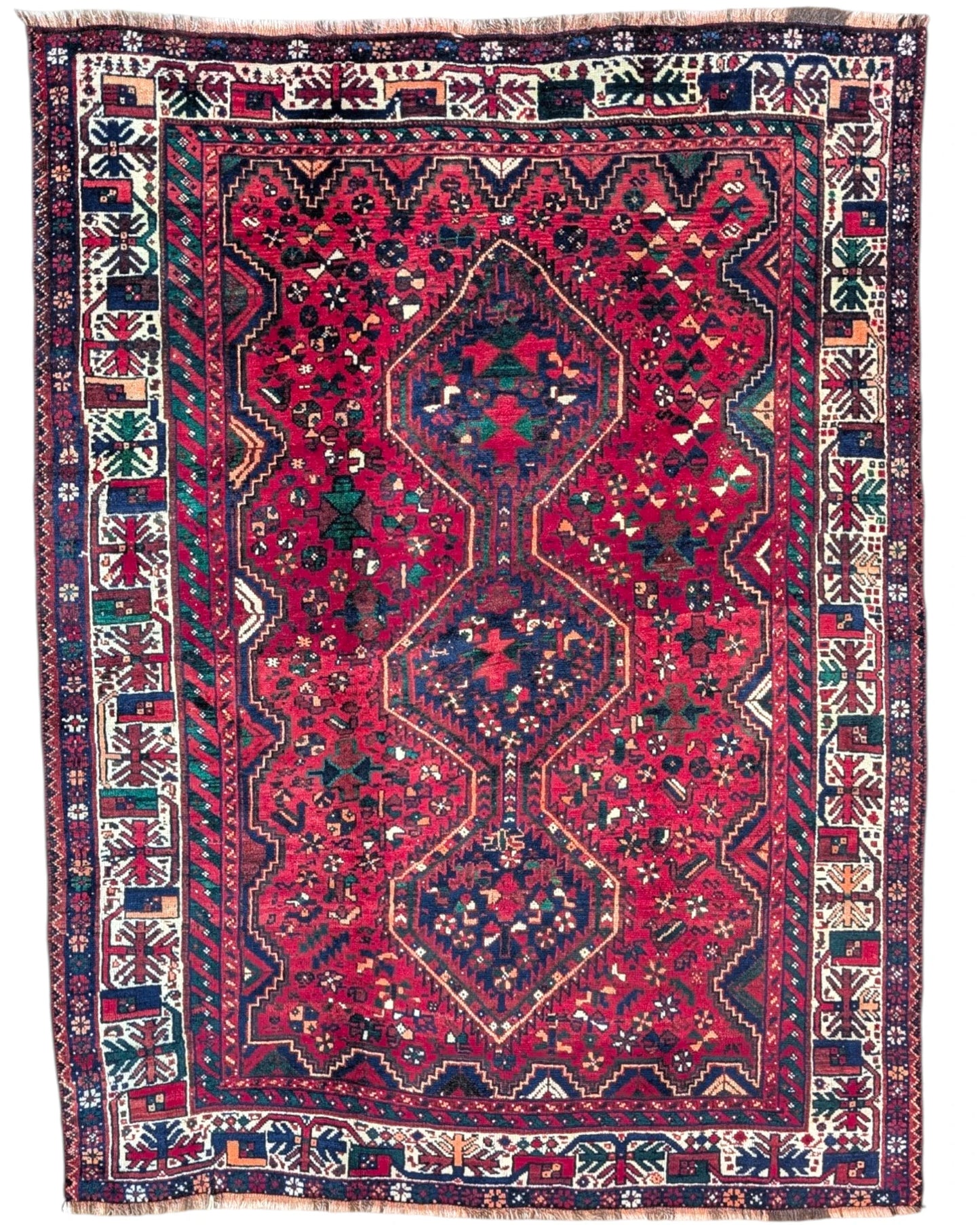 Tappeto persiano Shiraz 217x168 cm rosso e blu per soggiorno elegante