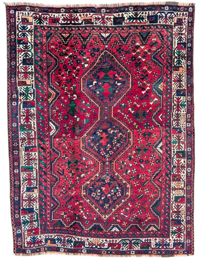 Tappeto persiano Shiraz 217x168 cm rosso e blu per soggiorno elegante