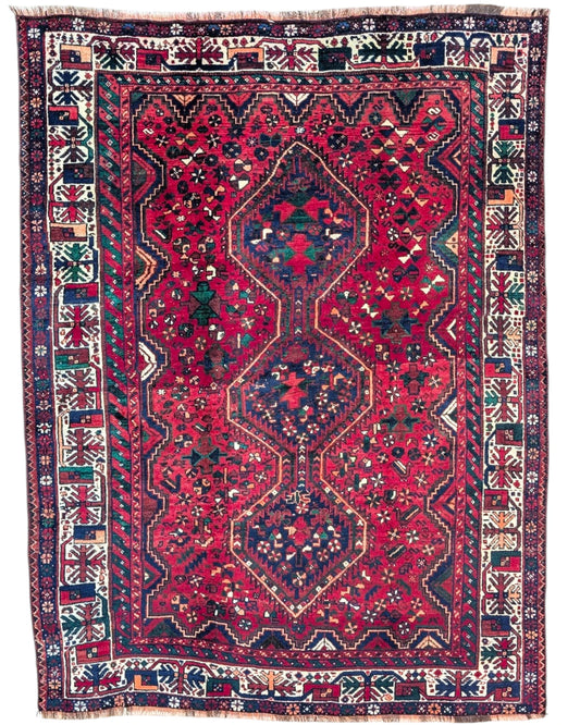 Tappeto persiano Shiraz 217x168 cm rosso e blu per soggiorno elegante