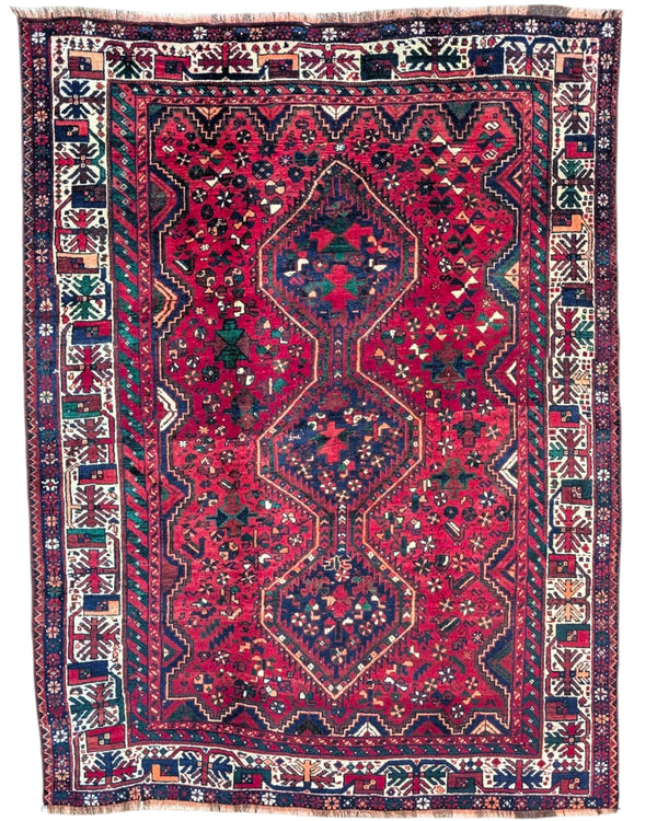 Tappeto persiano Shiraz 217x168 cm rosso e blu per soggiorno elegante